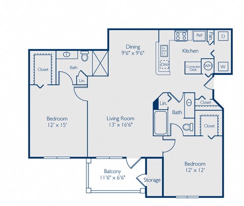 A blueprint of a house layout with a living room, dining room, kitchen, and two bedrooms.
